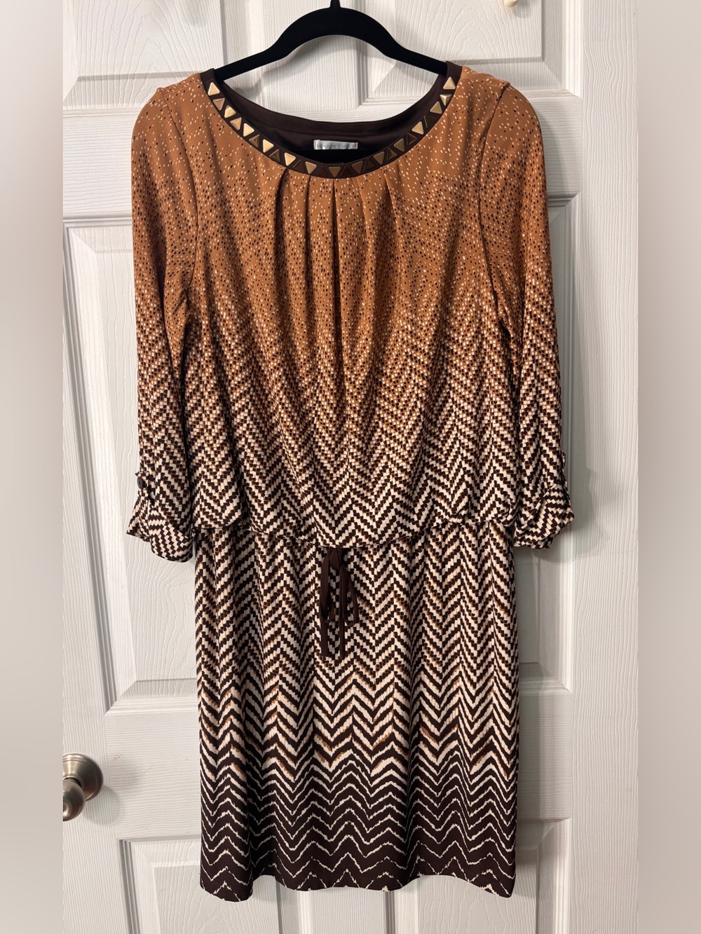 London Times Women's Size 12 Brown Geometric 3/4 Sleeve Tie Waist Jersey Dress